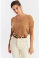 Kadın Camel V Yaka Yalaş Triko Bluz YİL552