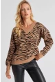 Kadın Camel Zebra Desenli Triko Kazak YZ521