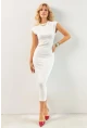 Kadın Ekru Boyun Bağlamalı Büzgülü Midi Elbise KED4281
