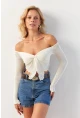 Kadın Ekru Büzgülü File Bluz OW146
