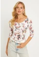Kadın Ekru Çiçek Desenli Çıtçıtlı Body RK40