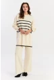 Kadın Ekru Çizgili Alt Üst Triko Takım NUV1069