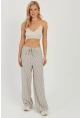 Kadın Ekru Çizgili Keten Pantolon Q986