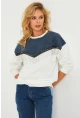 Kadın Ekru Denim Bloklu Sweatshirt PKA808
