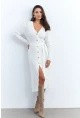 Kadın Ekru Düğme Detaylı Kuşaklı Midi Elbise MŞ1