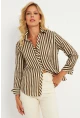 Kadın Ekru-Haki Çizgili Gömlek KED709