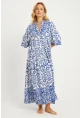 Kadın Ekru-Mavi Desenli Midi Elbise GÇ169