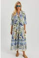 Kadın Ekru-Mavi Desenli Salaş Maxi Elbise GÇ166