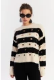 Kadın Ekru-Siyah Çizgili Yırtık Triko Kazak PP2342