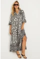 Kadın Ekru-Siyah Desenli Midi Elbise GÇ169