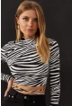 Kadın Ekru-Sıyah Sırt Dekolteli Zebra Desenli Crop Bluz LPP1131