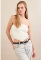 Kadın Ekru Straplez Triko Crop Bluz ZH049