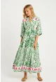 Kadın Ekru-Yeşil Desenli Midi Elbise GÇ169
