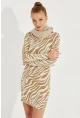 Kadın Ekru Zebra Desenli Mini Elbise AYD249