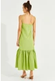 Kadın Fıstık Yeşil Eteği Volanlı Askılı Midi Elbise MEN2001