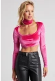 Kadın Fuşya Kare Yaka Boyunluklu Kadife Crop Bluz B2867