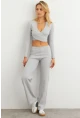 Kadın Gri Crop Üstlü İkili Pantolon Takım XL10052