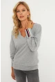 Kadın Gri Şerit Detaylı V Yaka Sweatshirt  EY2905