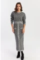 Kadın Gri-Siyah Düğme Aksesuarlı Desenli Maxi Elbise NUV41