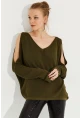 Kadın Haki Kolu Yırtmaçlı Triko Bluz SMT221