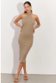 Kadın Haki Sırtı Açık Halter Midi Elbise OW138