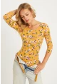 Kadın Hardal Çiçek Desenli Çıtçıtlı Body RK40