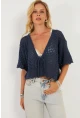 Kadın İndigo Triko Ajurlu Hırka YV255