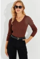 Kadın Kahve V Yaka Fitilli Triko Bluz SMT216