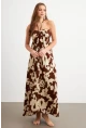 Kadın Kahverengi Büzgülü Desenli Midi Elbise KAB304