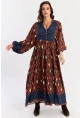 Kadın Kahverengi Desenli Dokuma Maxi Elbise ALO235