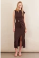 Kadın Kahverengi Eteği Kruvaze Tokalı Midi elbise KED7340