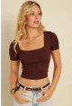Kadın Kahverengi Kare Yaka Bluz AYD338
