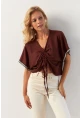 Kadın Kahverengi Önü Büzgülü Bluz XL2039