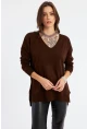 Kadın Kahverengi V Yaka Triko Bluz YİL557