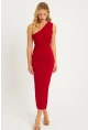 Kadın Kırmızı Büzgülü Yırtmaçlı Midi Elbise MON134