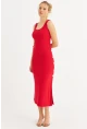 Kadın Kırmızı Düğme Detaylı Kaşkorse Midi Elbise EY2837