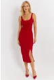 Kadın Kırmızı Fiyonk Detaylı Yırtmaçlı Midi Elbise KED4283