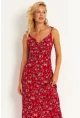 Kadın Kırmızı İp Askılı Çiçekli Midi Elbise GÇ172