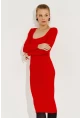 Kadın Kırmızı Kare Yaka Triko Midi Elbise SF2520