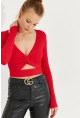 Kadın Kırmızı Önü Düğümlü Crop Bluz AYD244