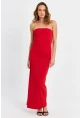 Kadın Kırmızı Straplez Yırtmaçlı Midi Elbise XC005