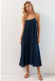 Kadın Lacivert Ayarlanabilir Askılı Midi Keten Elbise DMR355