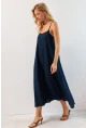 Kadın Lacivert Ayarlanabilir Askılı Midi Keten Elbise DMR355