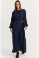 Kadın Lacivert Kemerli Plili Maxi Elbise ALZ500