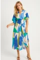 Kadın Mavi Desenli Kruvaze Midi Elbise HT108
