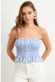Kadın Mavi Ekose Lastikli Crop Bluz MTK13397