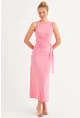 Kadın Pembe Büzgülü Kolsuz Midi Elbise TF75