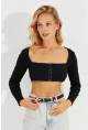 Kadın Siyah Agraflı Kaşkorse Crop Bluz EY2571
