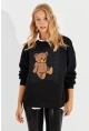 Kadın Siyah Ayıcık Baskılı Sweatshirt ZM288