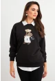 Kadın Siyah Ayıcık Nakışlı Sweatshirt PKA1590
